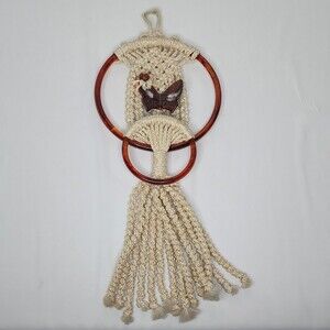 Macrame VTG Towel Holder with Ceramic Butterfly Holder 2 4" Wall Hanging Boho